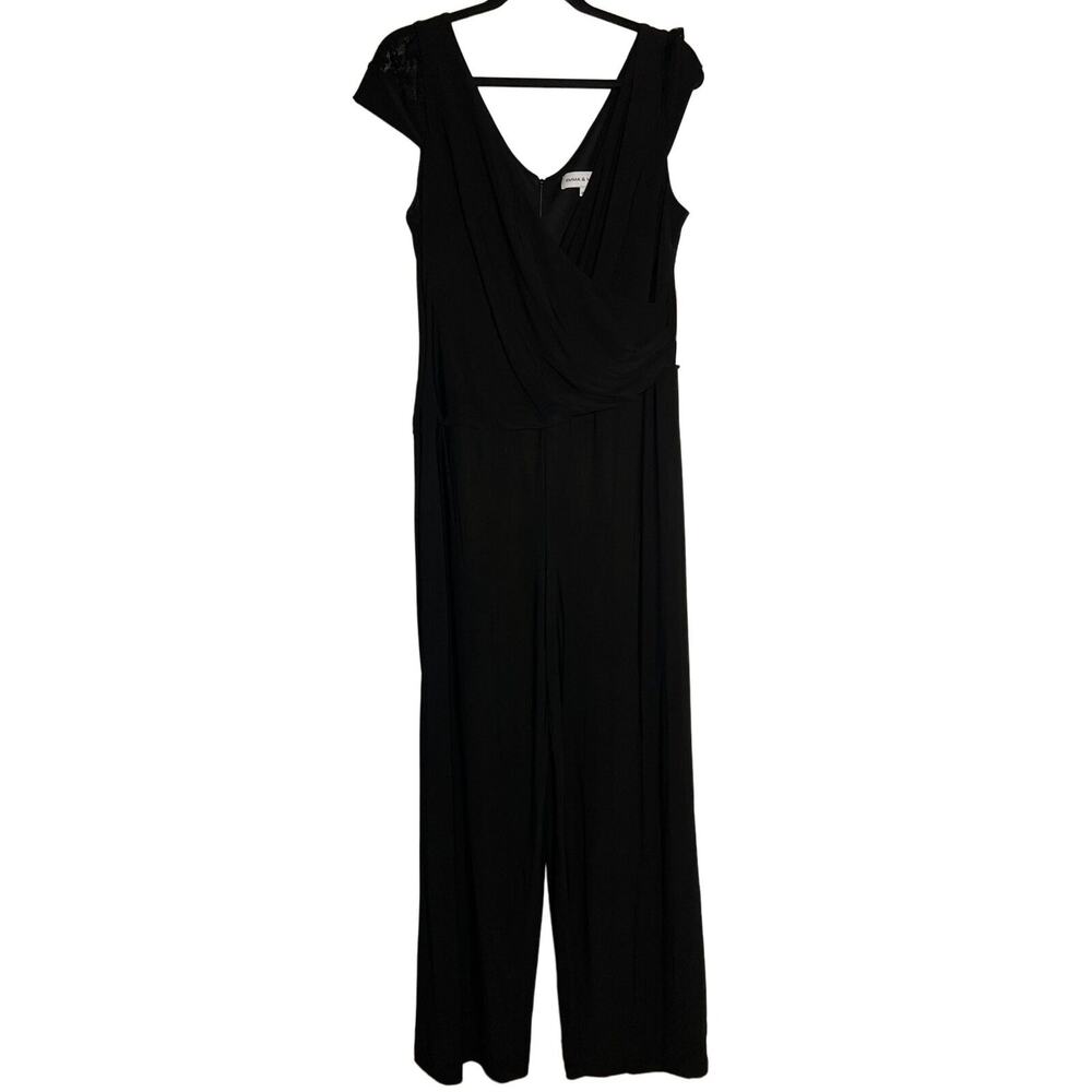 Emma & Michele Jumpsuit Size Large Black Faux Wrap Front Lace Cap Sleeves NWT